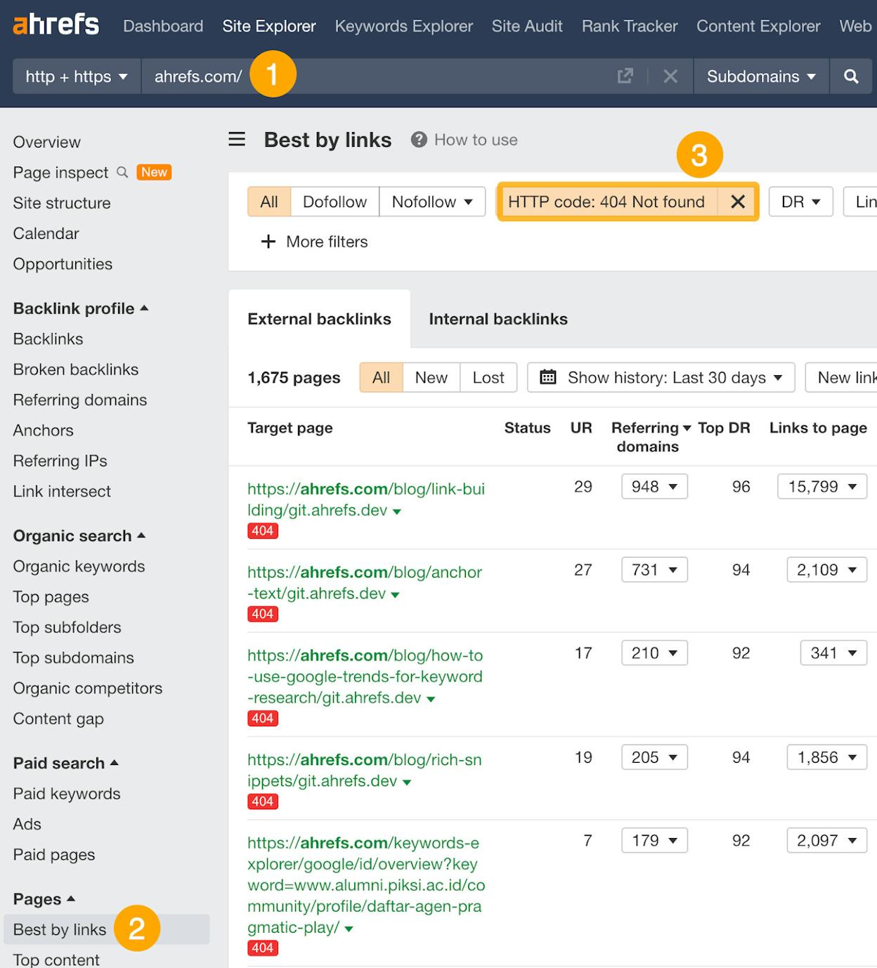 Screenshot: Ahrefs Site Audit showing 404 errors with the number of inlinks for each broken page