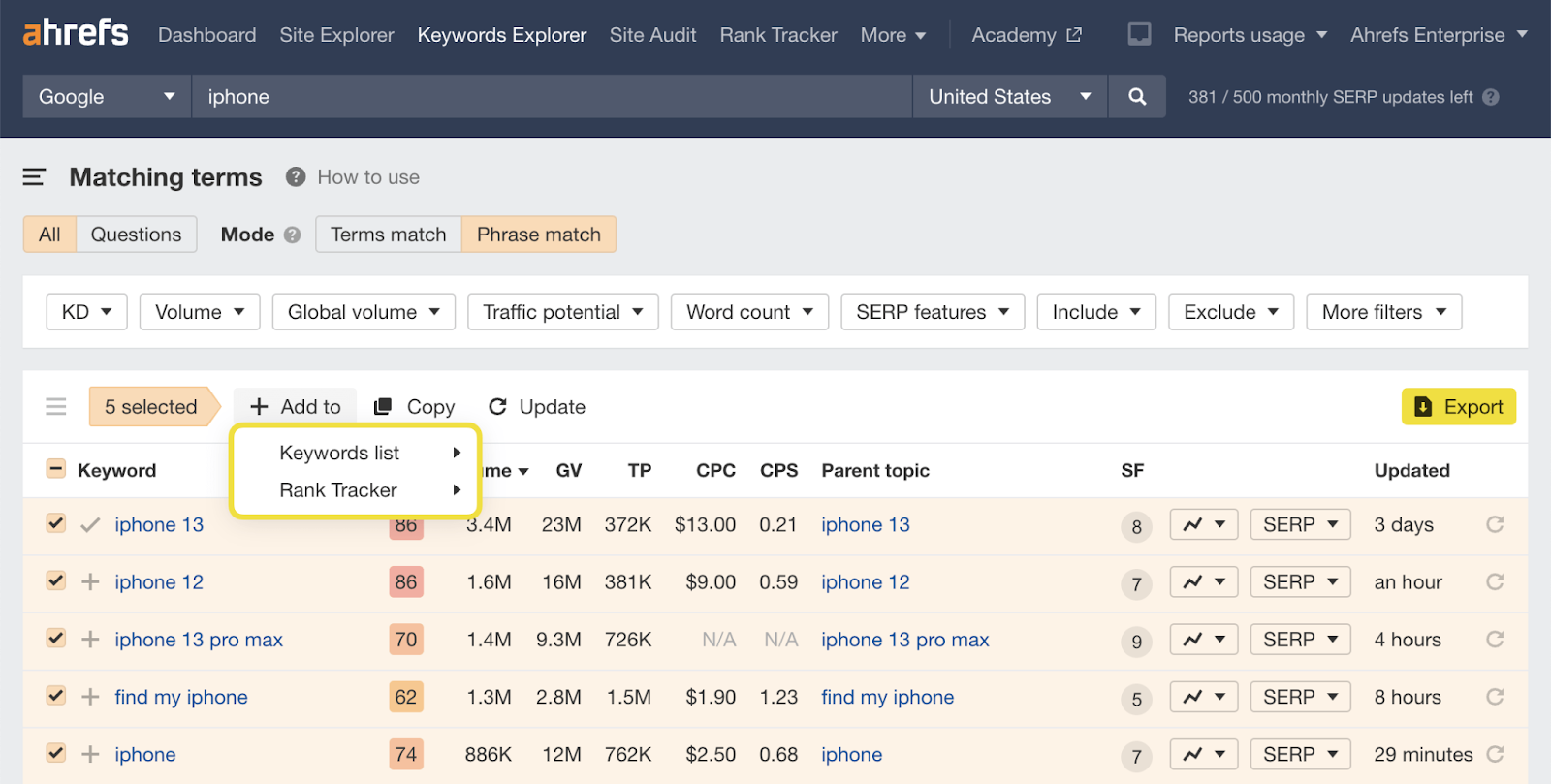 Screenshot: Ahrefs Keywords Explorer showing a keyword, its Parent Topic, search volume, and keyword difficulty