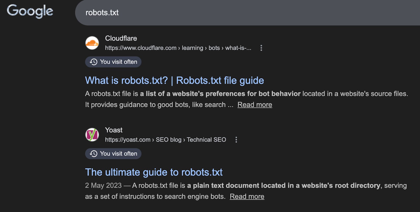 Screenshot: Google SERP for a keyword showing the top results &mdash; noting the content type of each (blog, tool, video, etc.)