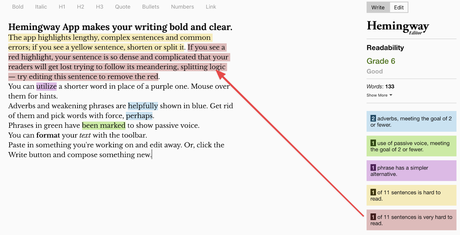 Screenshot: Hemingway Editor showing a text sample with readability grade and highlighted issues