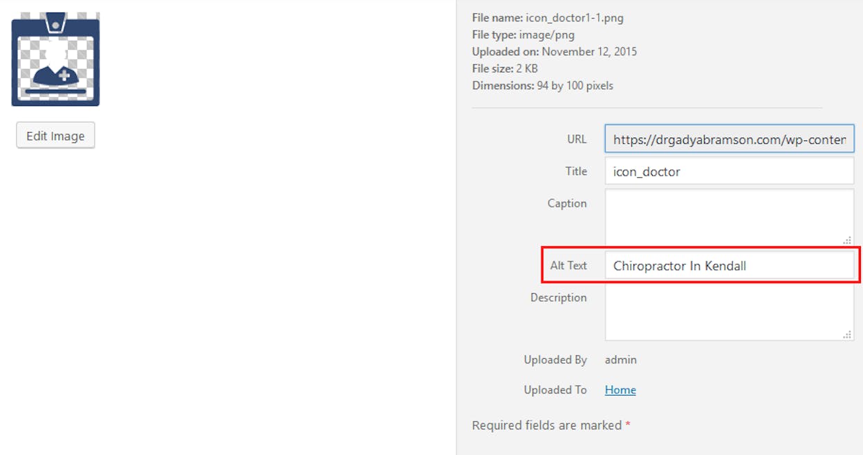 Screenshot: WordPress media library showing an image with the alt text field filled in