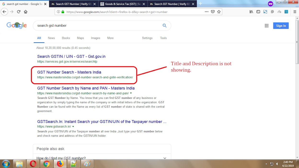 Screenshot: Google SERP result showing a title tag and meta description with key elements highlighted