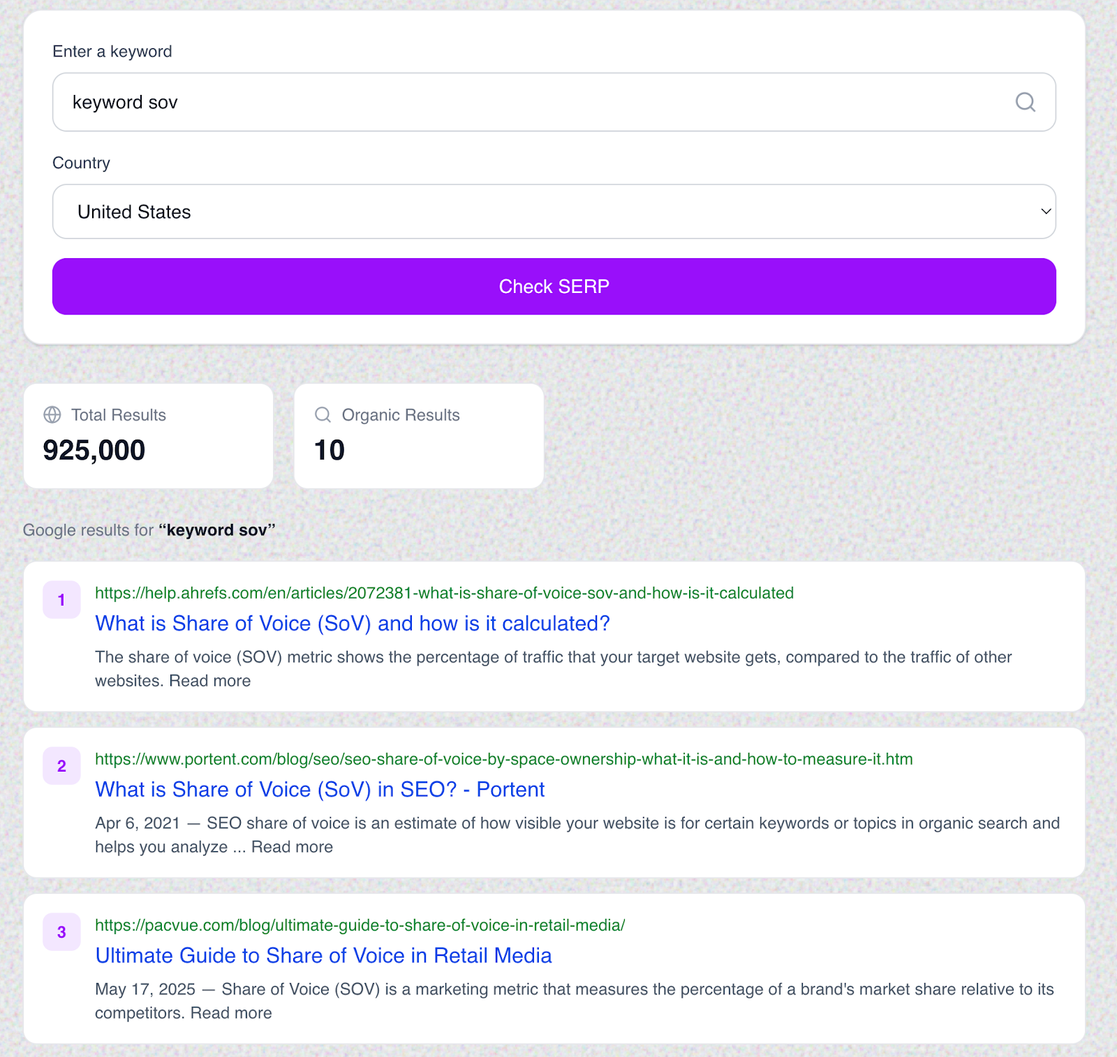 Screenshot: Rank Tracker tool showing a keyword list tagged &ldquo;SOV&rdquo; with rankings and visibility scores for multiple competitors