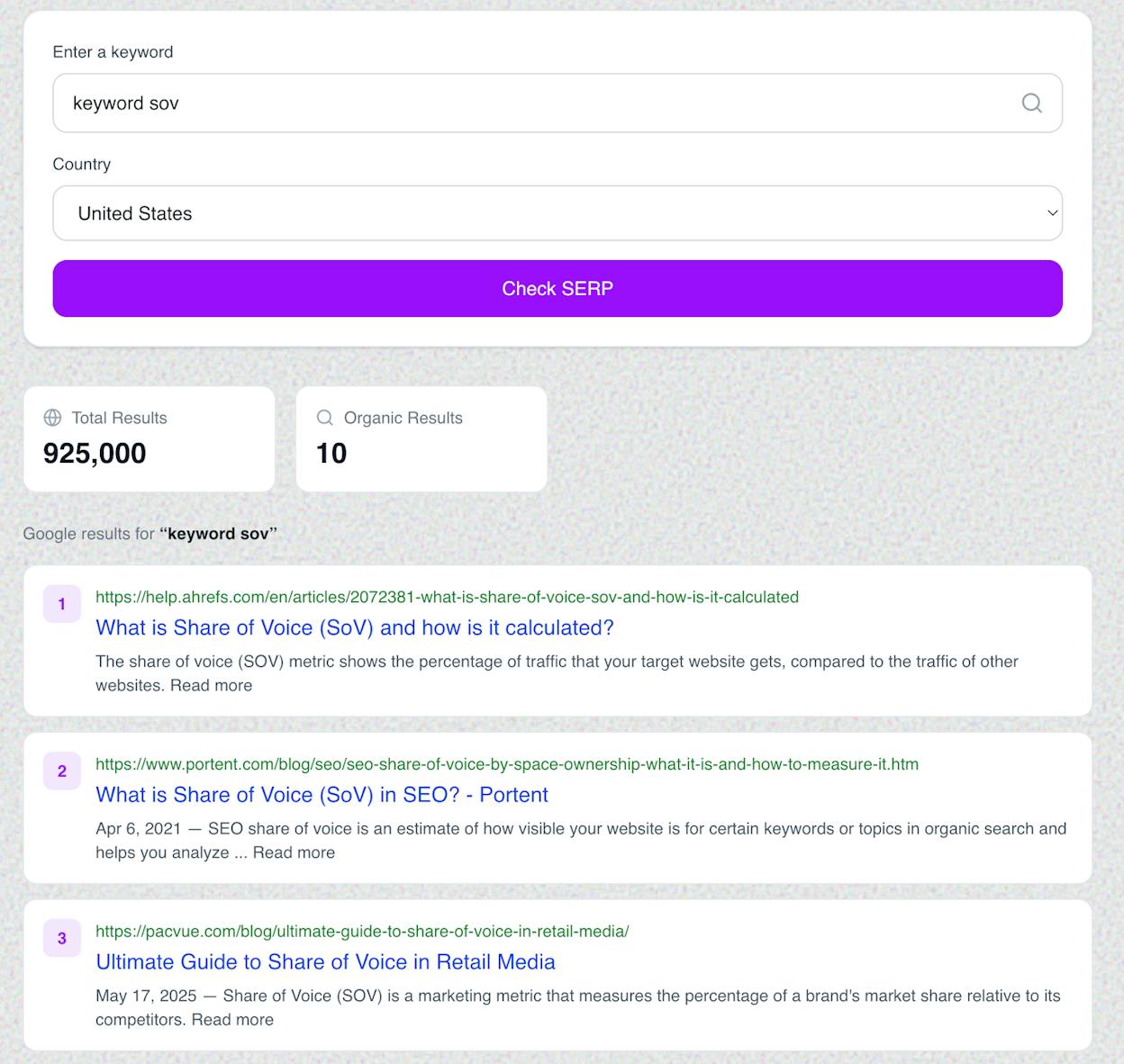 Screenshot: Rank Tracker tool showing a keyword list tagged &ldquo;SOV&rdquo; with rankings and visibility scores for multiple competitors