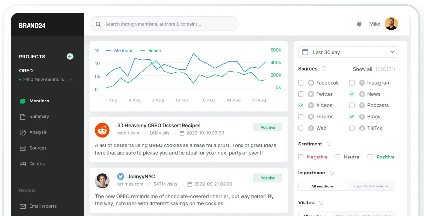 Screenshot: Brand24 or similar tool showing a filtered view of brand mentions on social media with volume over time