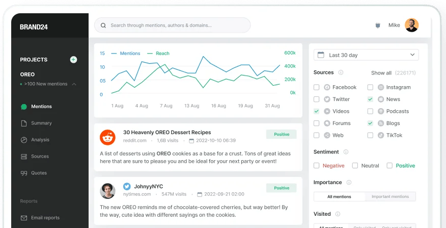 Screenshot: Brand24 or similar tool showing a filtered view of brand mentions on social media with volume over time
