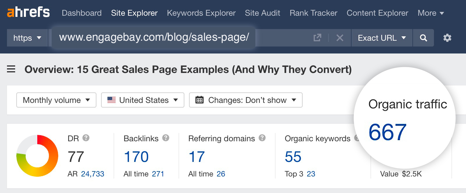 Screenshot: Ahrefs Content Explorer search bar with a brand name query and domain exclusion