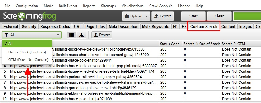 Screenshot: Screaming Frog custom search configuration with the regex pattern entered