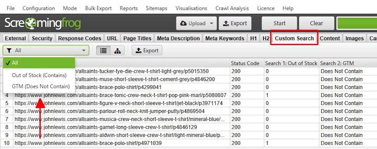 Screenshot: Screaming Frog custom search configuration with the regex pattern entered
