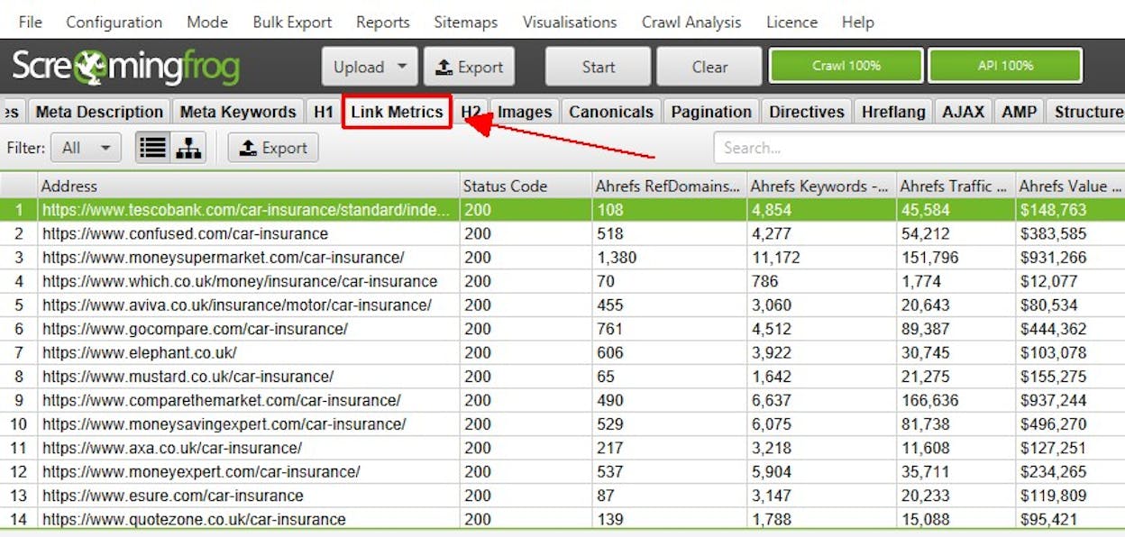 Screenshot: Screaming Frog list mode with URLs pasted, ready to crawl