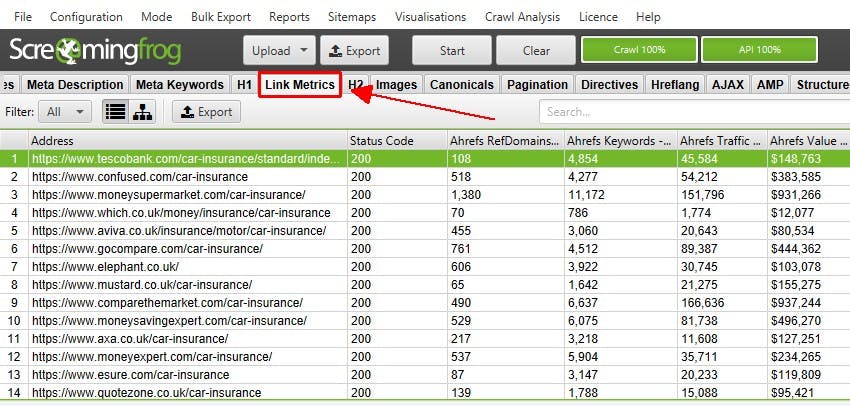 Screenshot: Screaming Frog list mode with URLs pasted, ready to crawl