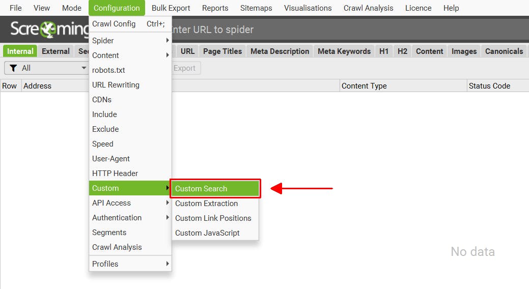 Screenshot: Screaming Frog Custom tab showing filtered results—pages with unlinked mentions