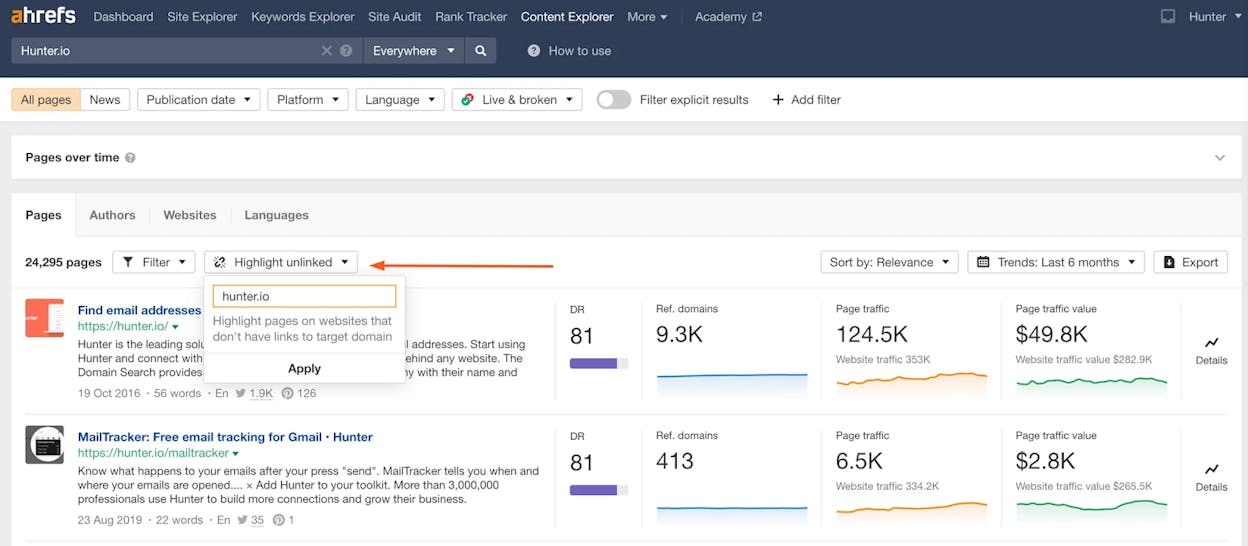 Screenshot: Content Explorer with &ldquo;Highlight unlinked domains&rdquo; toggle enabled, showing highlighted results