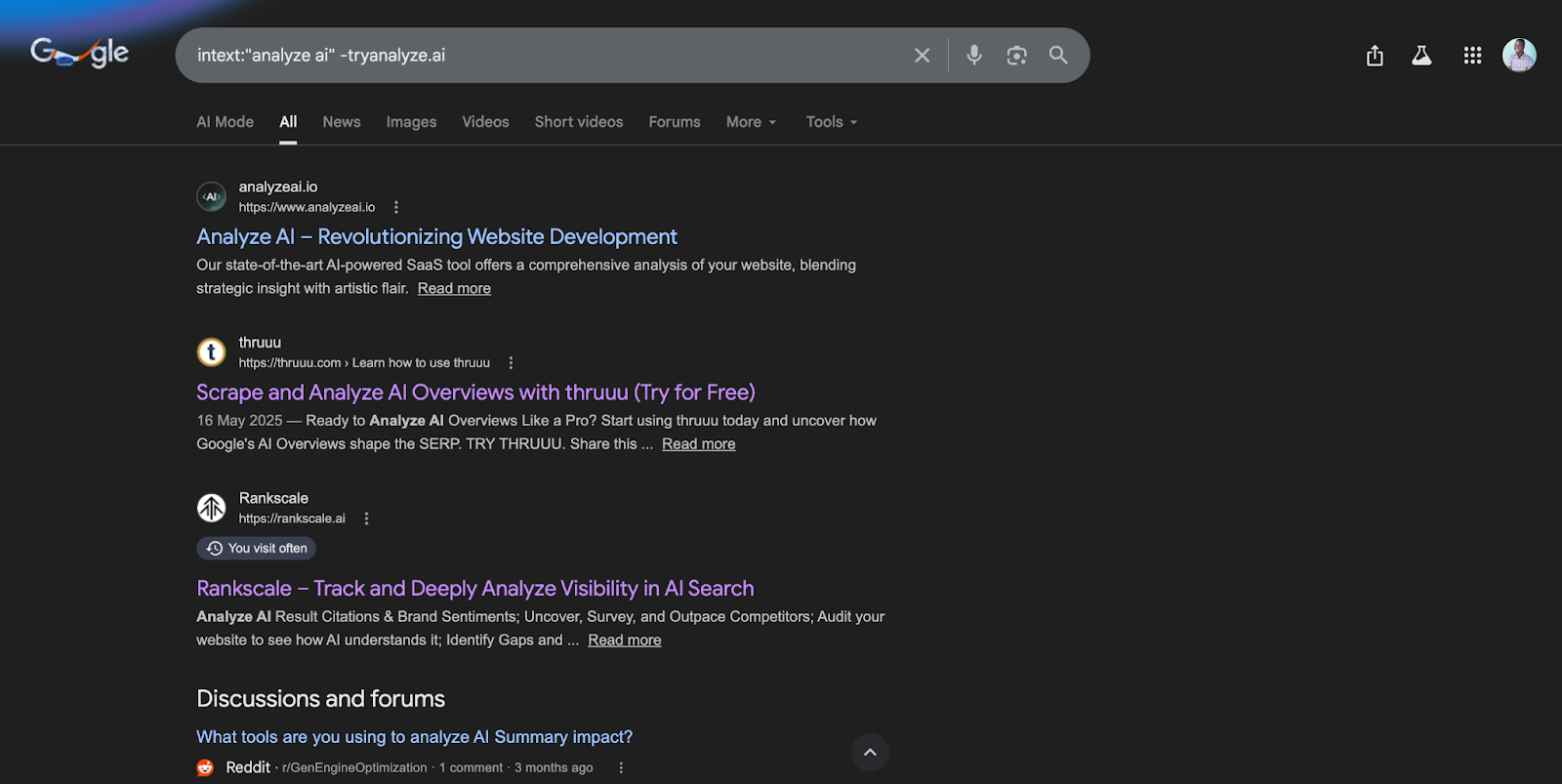Screenshot: Google search results page for the intext brand name query with domain exclusions