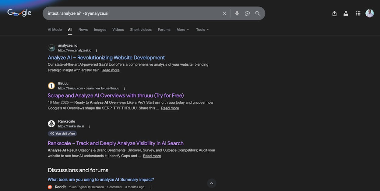 Screenshot: Google search results page for the intext brand name query with domain exclusions