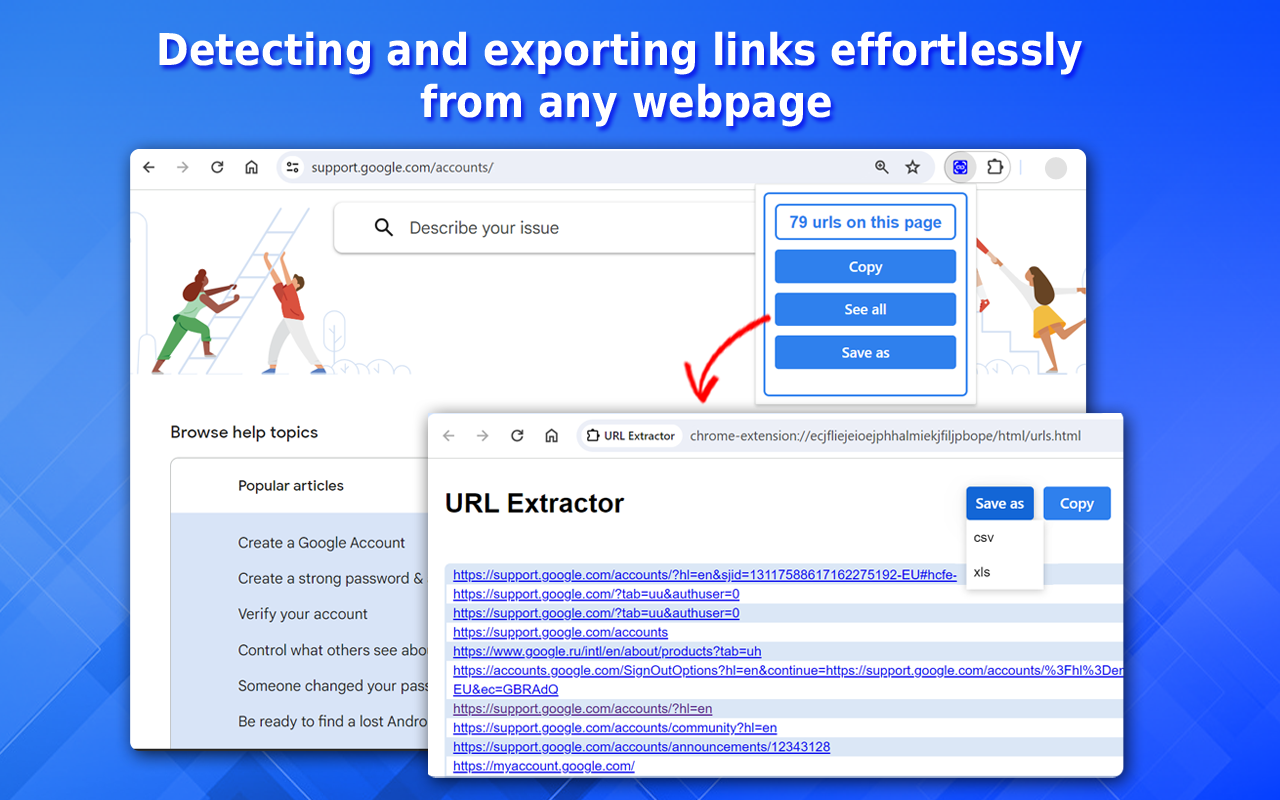 Screenshot: Chrome extension extracting URLs from Google search results into a list