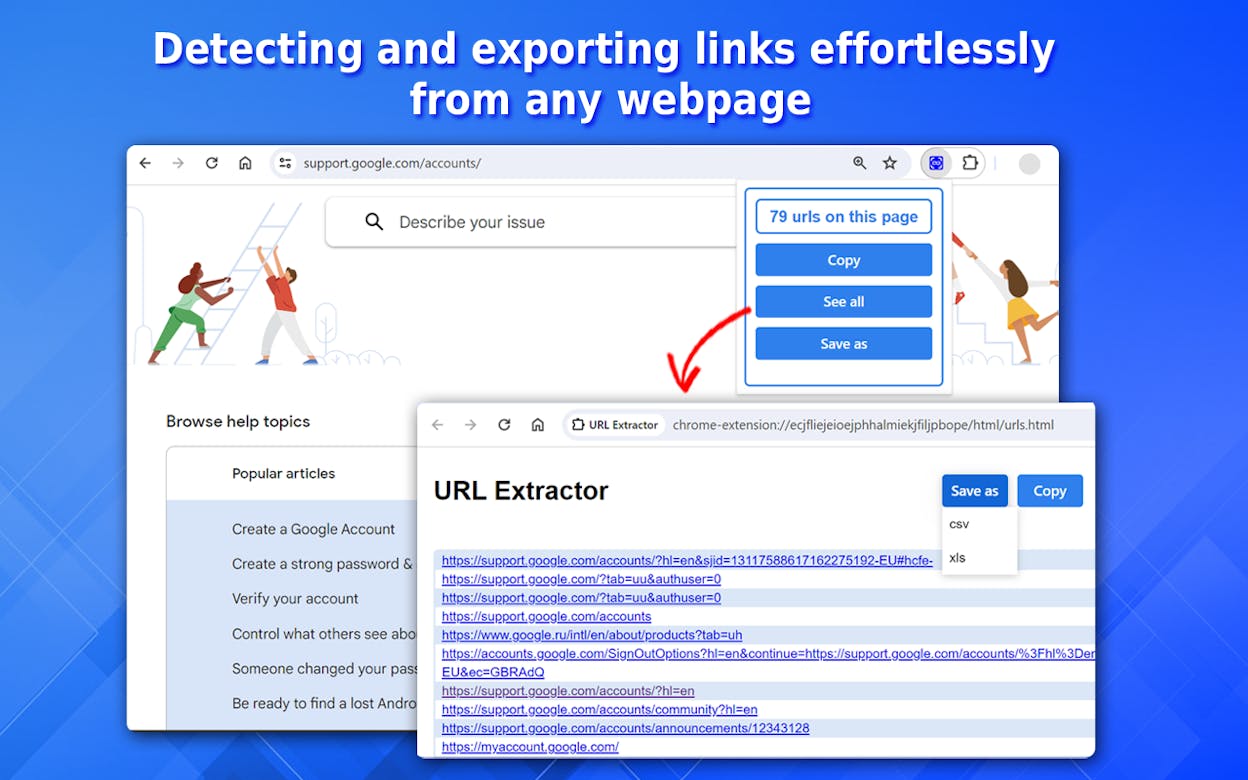 Screenshot: Chrome extension extracting URLs from Google search results into a list