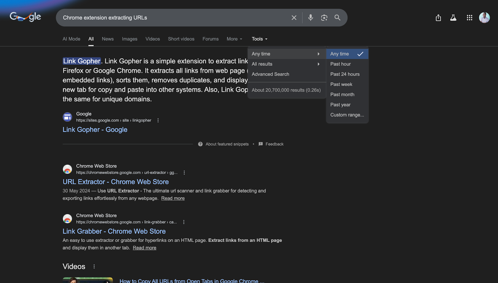 Screenshot: Google search tools showing date range filter dropdown