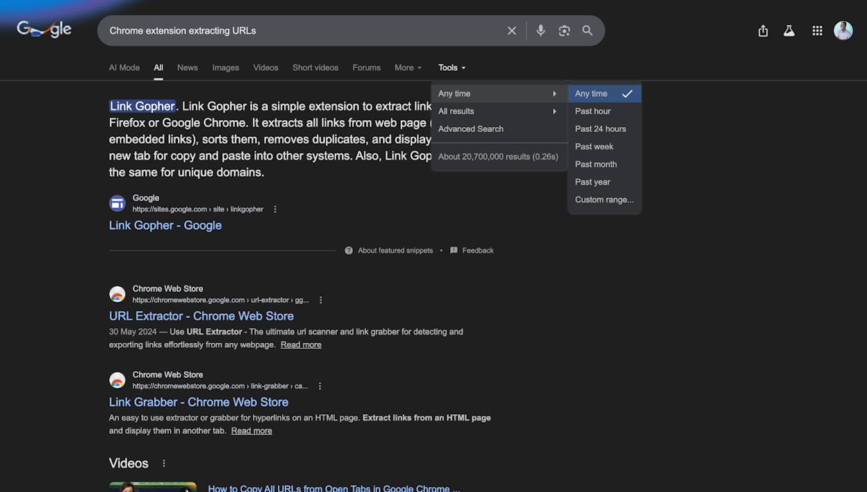 Screenshot: Google search tools showing date range filter dropdown