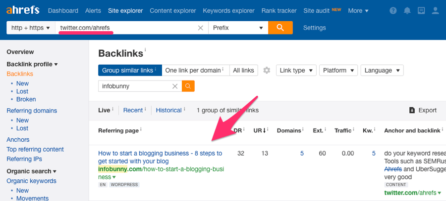 Screenshot: Ahrefs Site Explorer backlinks report for a brand&rsquo;s Twitter profile URL