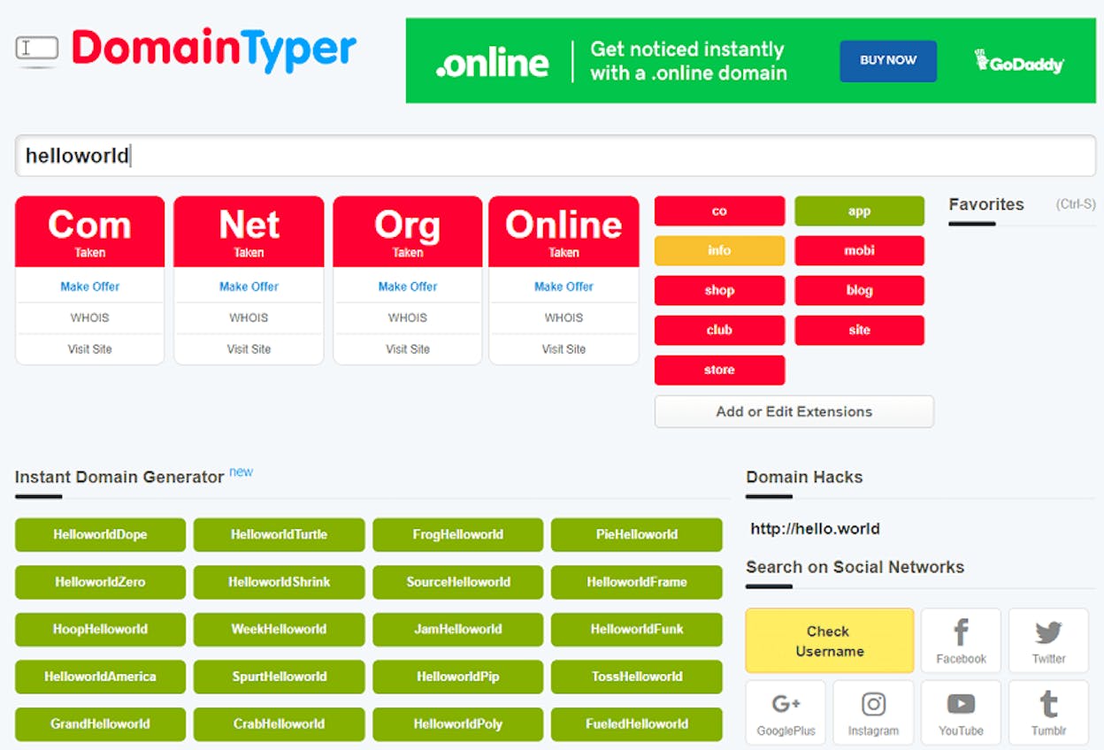 Screenshot: Domain typo generator showing variations of a brand domain