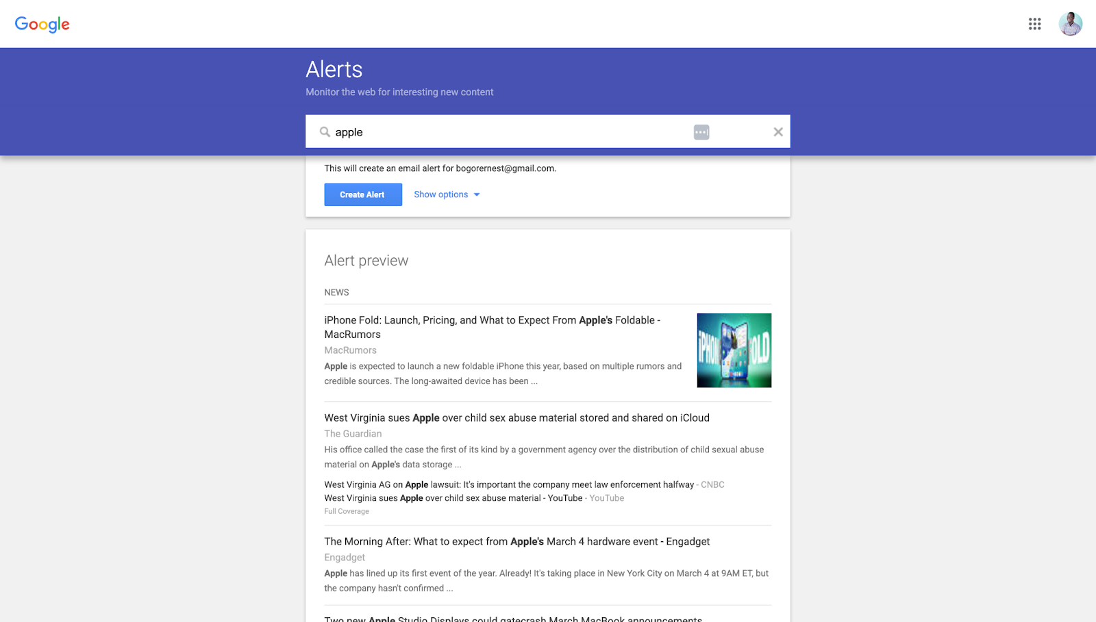 Screenshot: Google Alerts setup page with brand name entered and delivery frequency selected