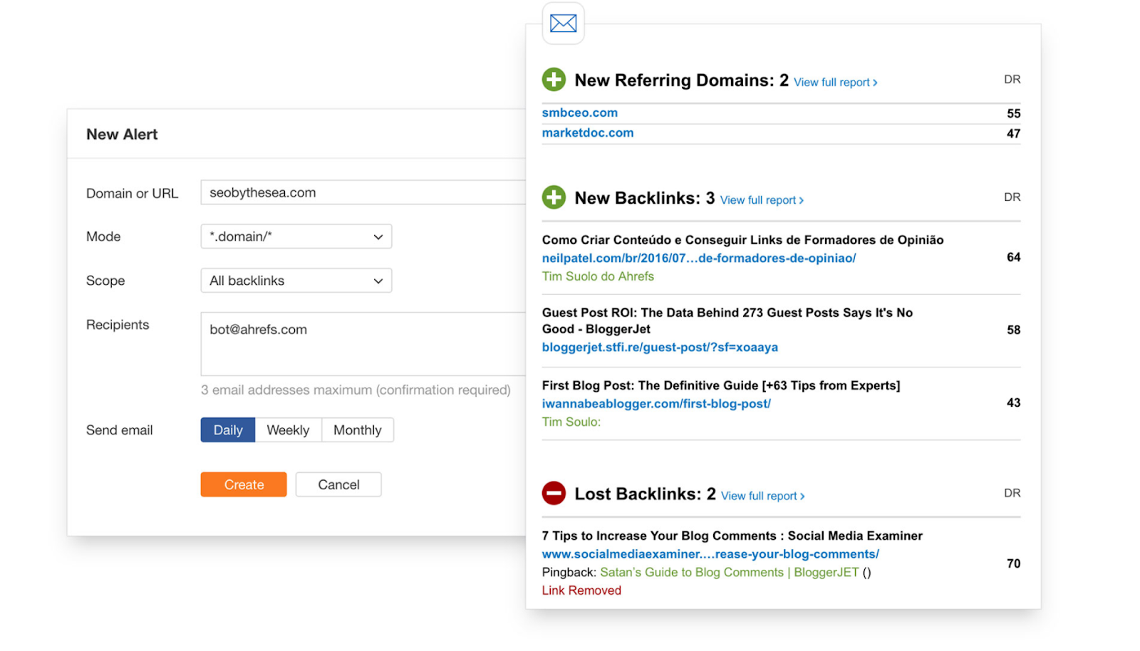 Screenshot: Ahrefs Alerts setup with brand name, domain exclusion, and notification frequency configured