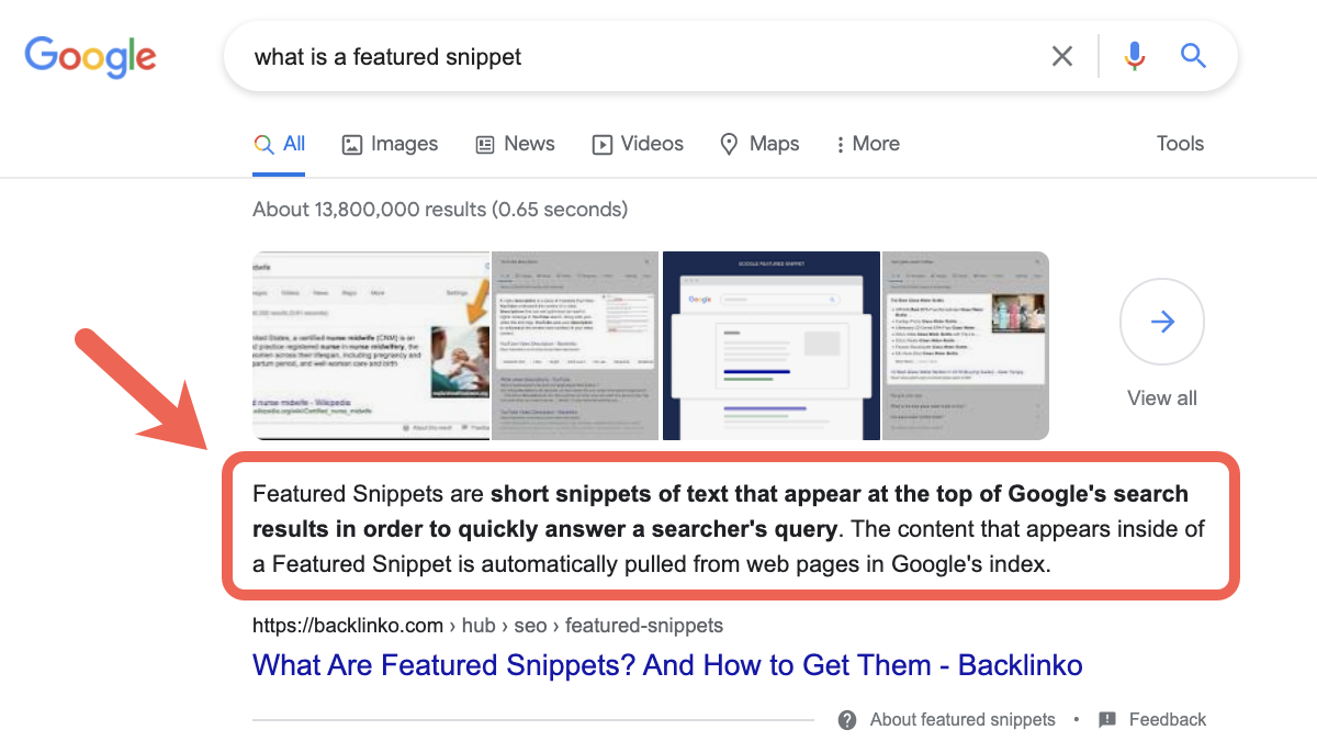 Screenshot: Google SERP showing a featured snippet above the organic results for a query like &ldquo;what is keyword research&rdquo;