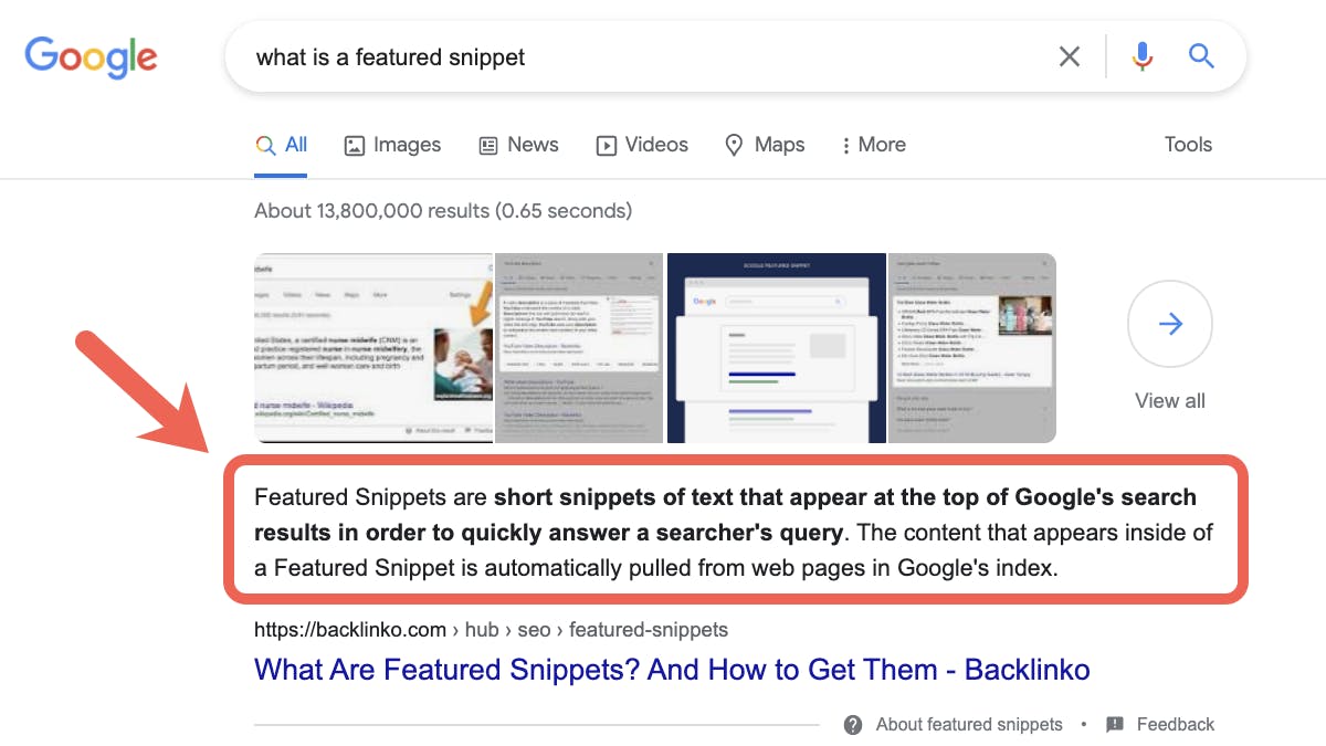 Screenshot: Google SERP showing a featured snippet above the organic results for a query like “what is keyword research”