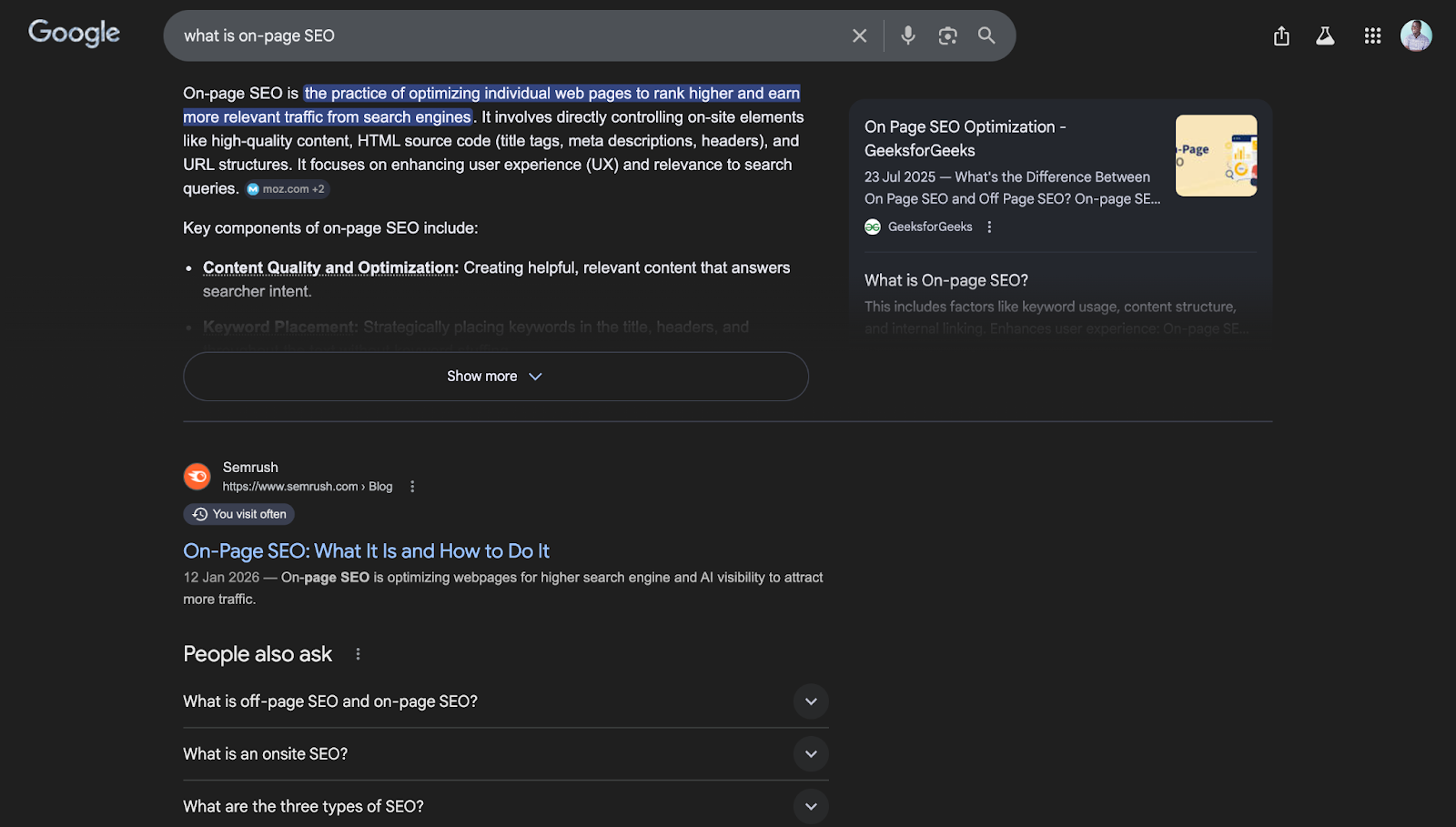 Screenshot: A paragraph featured snippet on Google for a query like &ldquo;what is on-page SEO&rdquo;