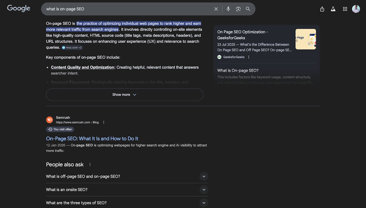 Screenshot: A paragraph featured snippet on Google for a query like “what is on-page SEO”