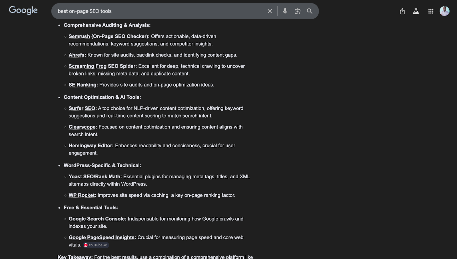 Screenshot: An unordered/bulleted list featured snippet for a &ldquo;types of&rdquo; or &ldquo;best&rdquo; query
