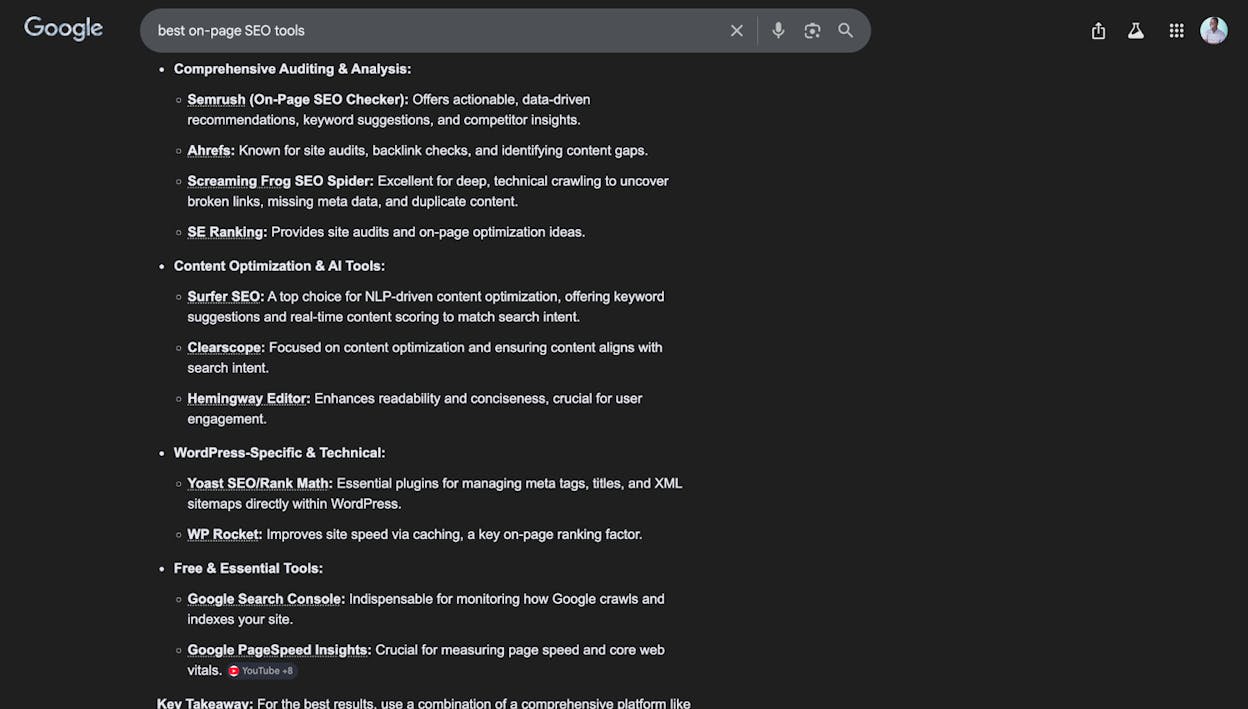 Screenshot: An unordered/bulleted list featured snippet for a “types of” or “best” query