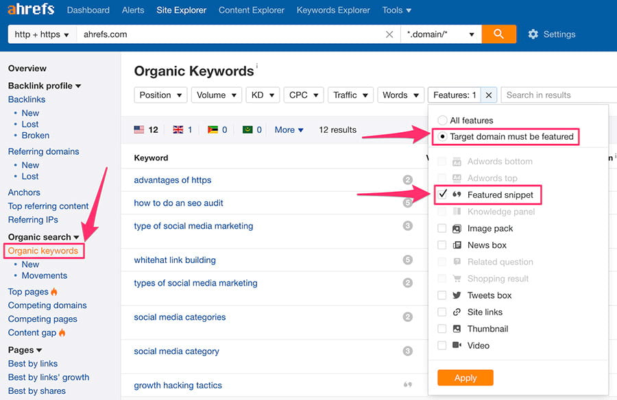 Screenshot: Ahrefs Site Explorer > Organic Keywords report with the SERP Features filter set to &ldquo;Featured Snippet&rdquo; and Position filter set to 1