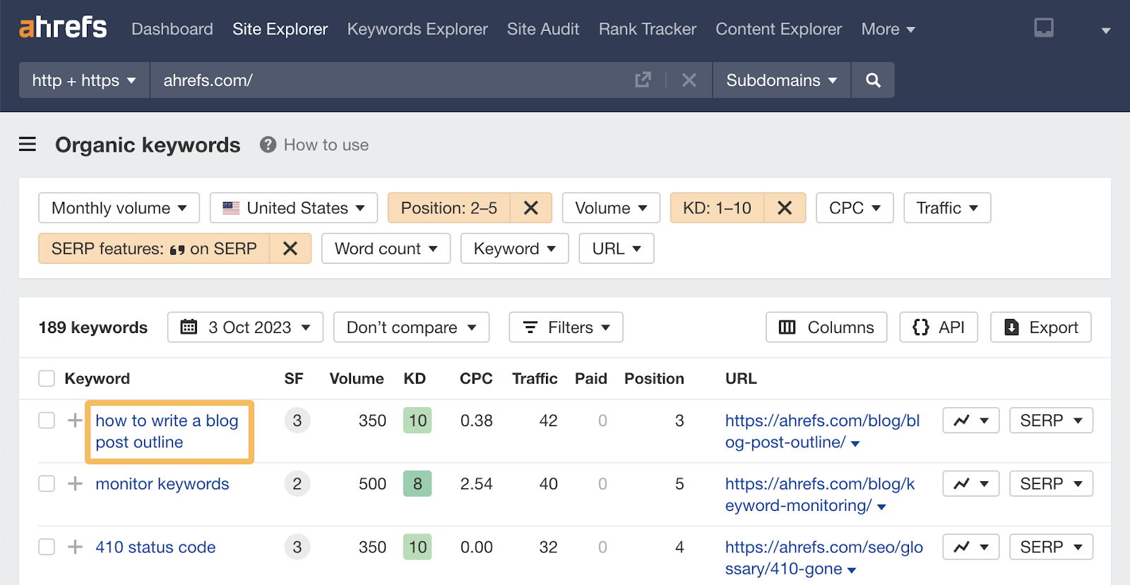 Screenshot: Ahrefs Keywords Explorer > Questions report filtered for Featured Snippet SERP feature