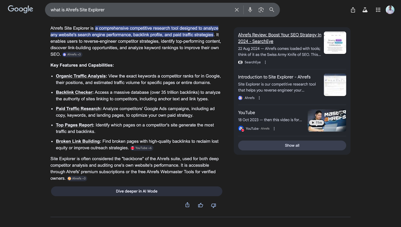 Screenshot: Google SERP showing a featured snippet, with a split-screen view of the source page section that Google pulled the content from