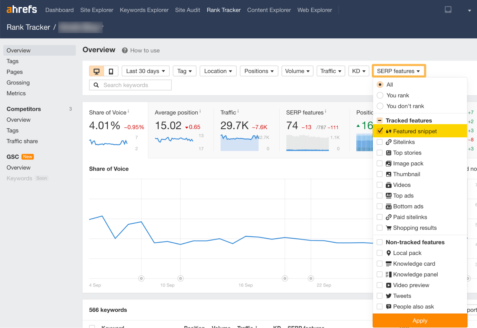 Screenshot: Ahrefs Rank Tracker SERP Features dropdown with Featured Snippet selected