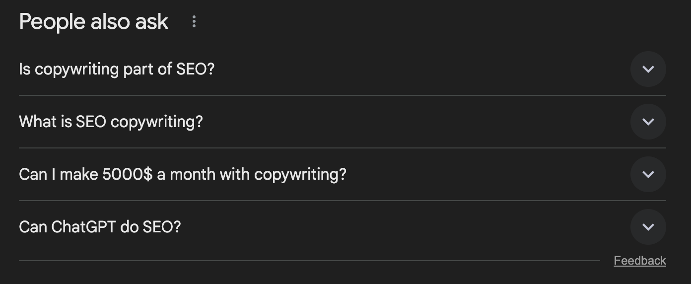 Screenshot: Google People Also Ask box showing questions related to SEO copywriting