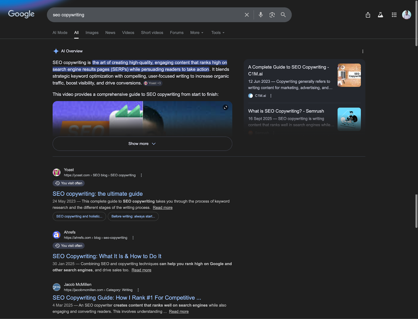 Screenshot: Google SERP for &ldquo;SEO copywriting&rdquo; showing the types of content ranking in the top results