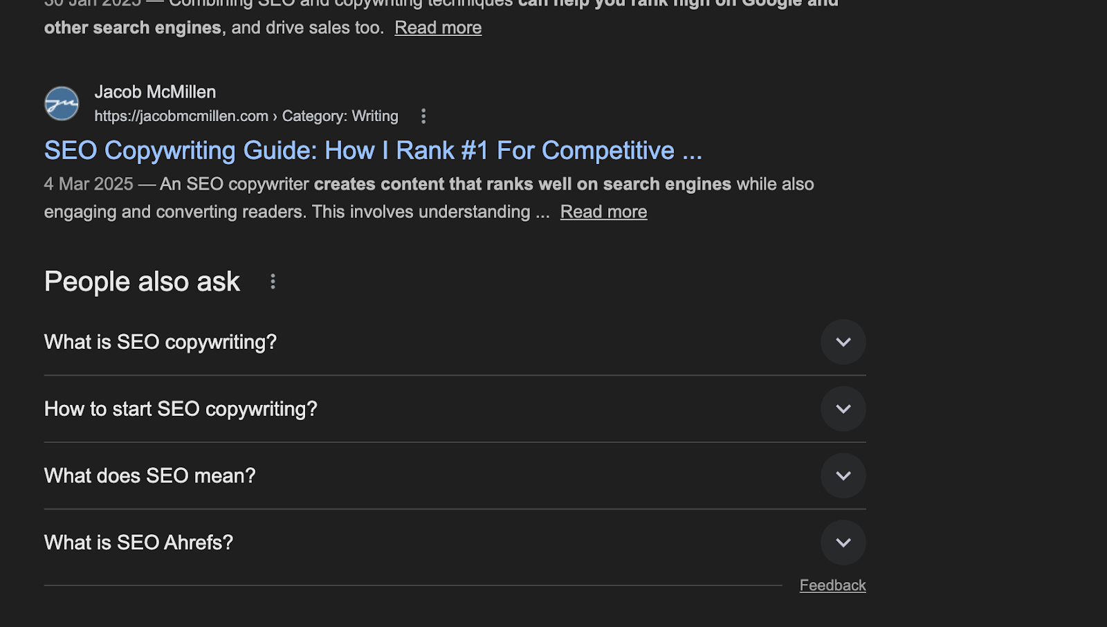 Screenshot: Google People Also Ask results showing common questions about SEO copywriting