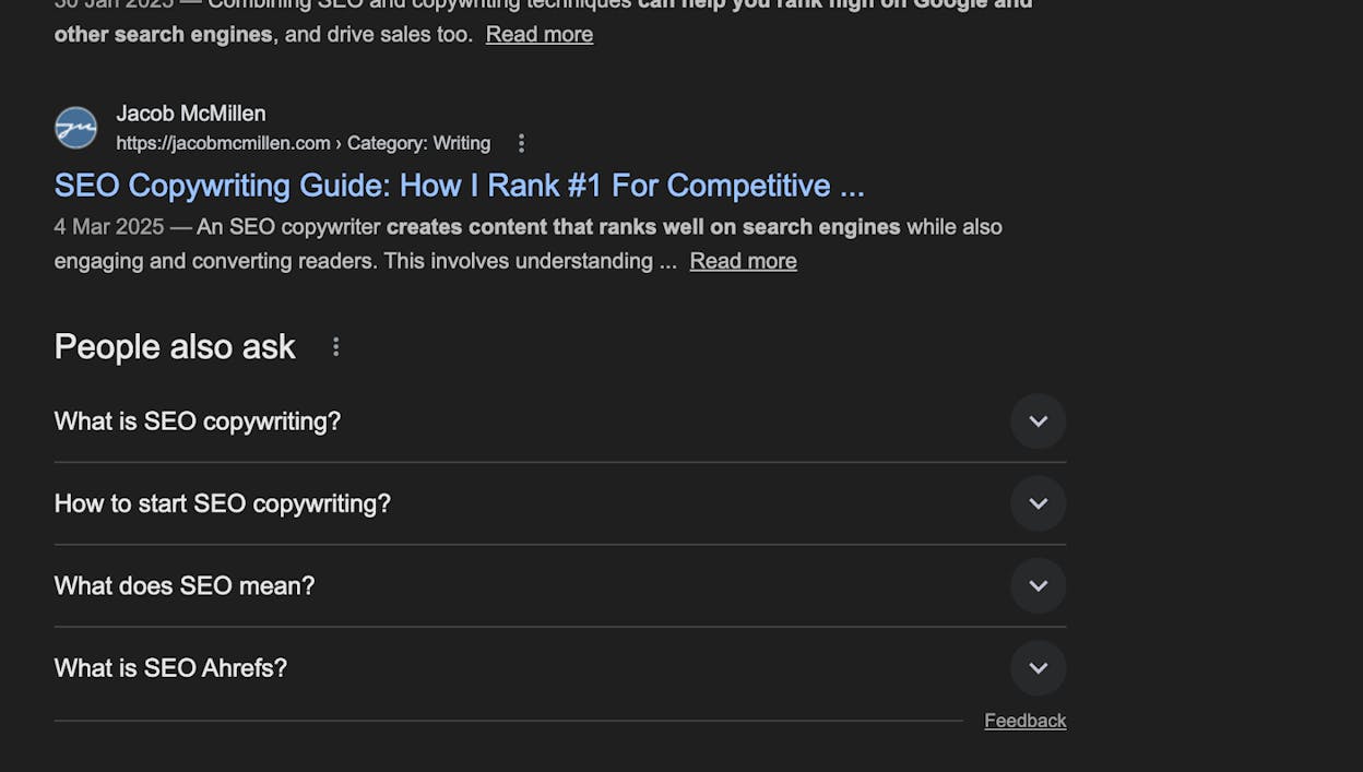 Screenshot: Google People Also Ask results showing common questions about SEO copywriting
