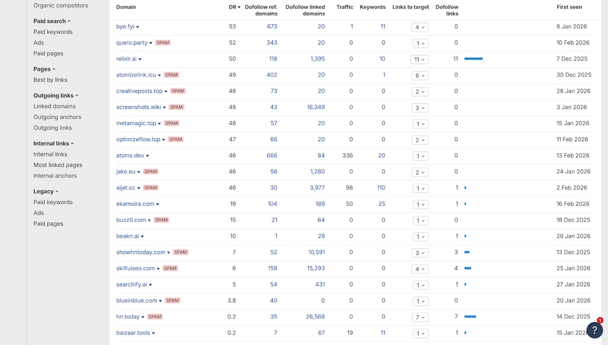 Screenshot: Example of spammy backlinks in a backlink analysis tool showing irrelevant foreign-language sites linking to a normal business website