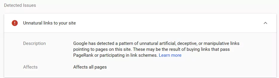 Screenshot: Example of a manual action notification for unnatural links in Google Search Console