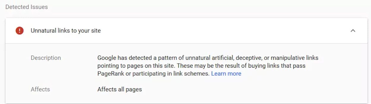 Screenshot: Example of a manual action notification for unnatural links in Google Search Console