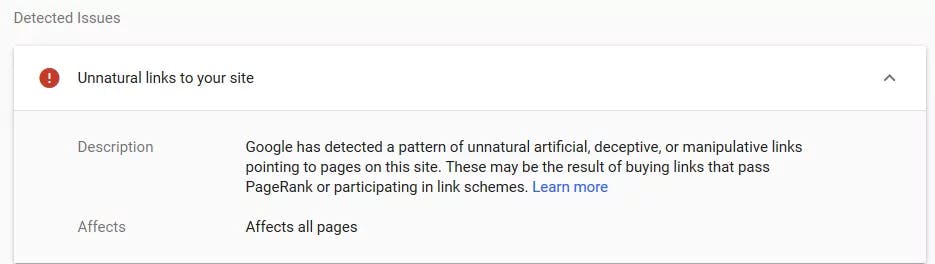Screenshot: Example of a manual action notification for unnatural links in Google Search Console