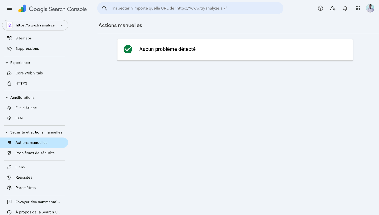 Screenshot: Google Search Console navigation showing the path to Security & Manual Actions > Manual actions