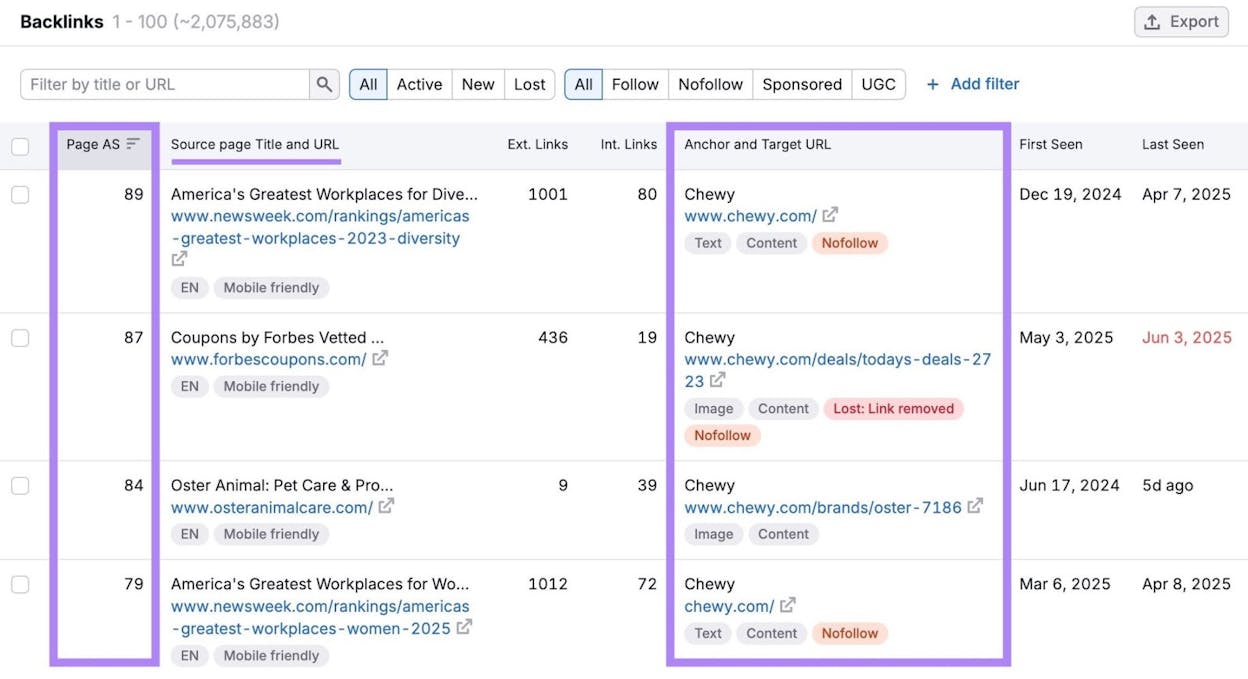 Screenshot: An anchors report in a backlink tool showing a diverse mix of branded, naked URL, generic, and keyword-rich anchor text — labeled “Natural Profile”