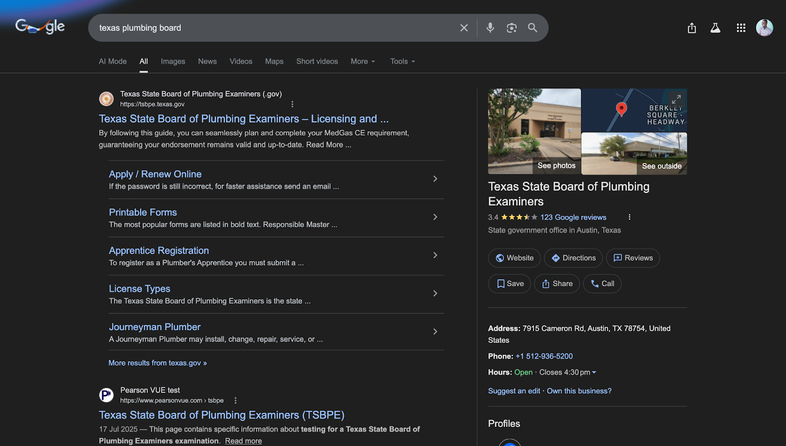 Screenshot: Local Business knowledge panel showing hours, phone, and map