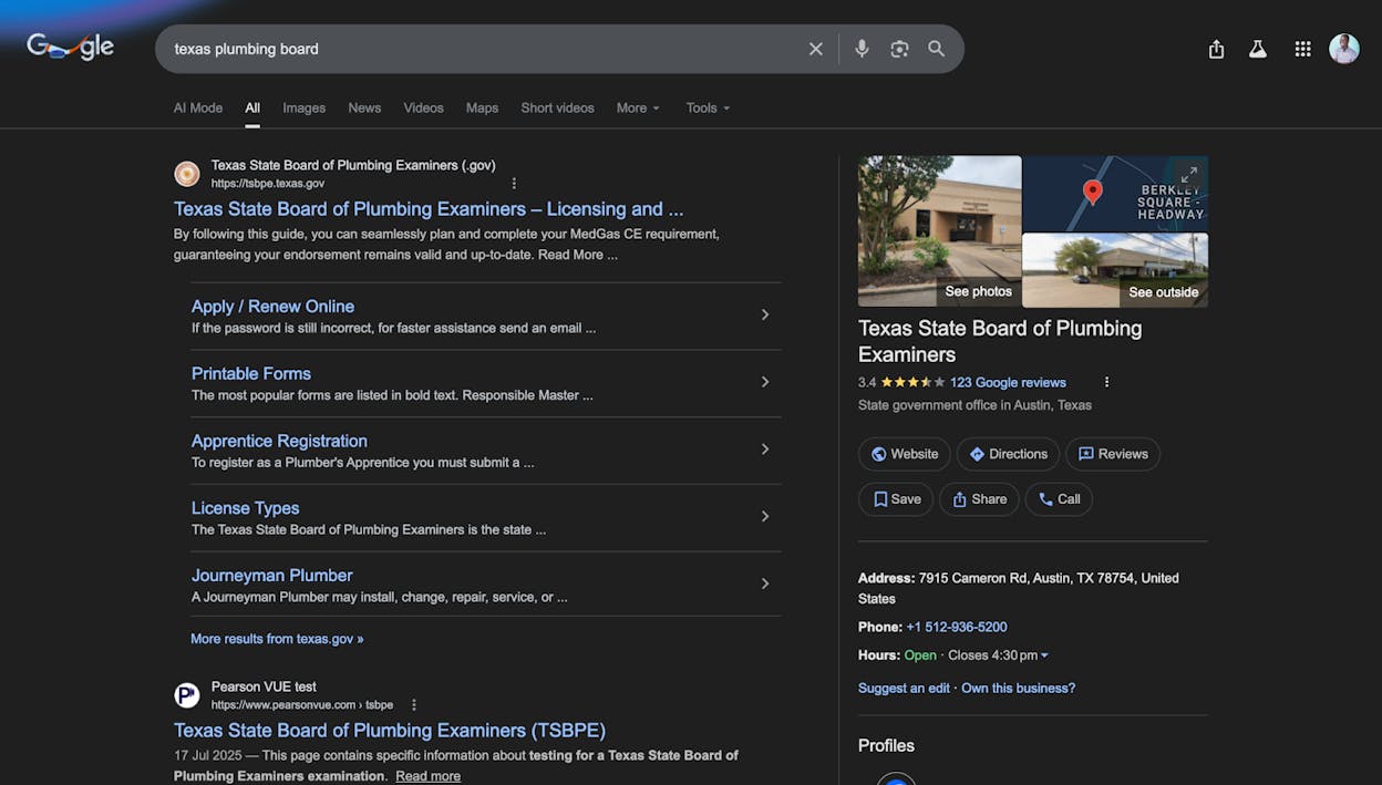 Screenshot: Local Business knowledge panel showing hours, phone, and map