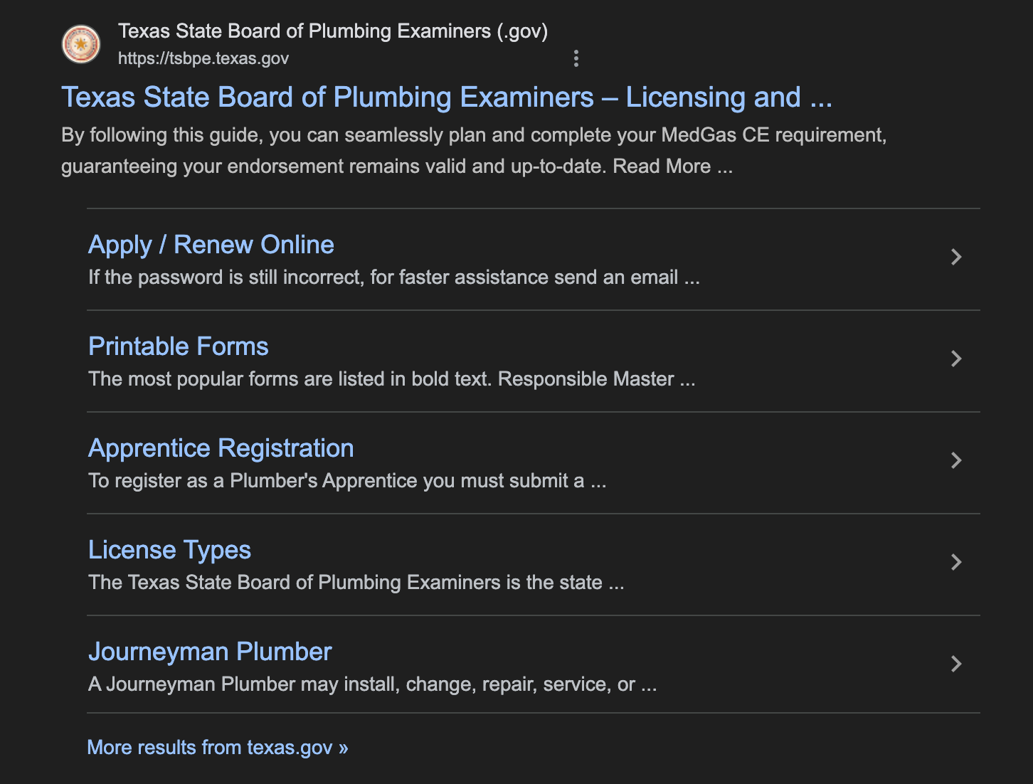 Screenshot: Google brand SERP with sitelinks search box and navigation links